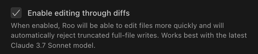 Roo Code settings showing Enable editing through diffs